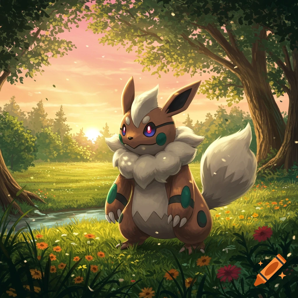 A brown, fluffy creature with green spots and purple eyes stands in a vibrant meadow with trees, a stream, and wildflowers under a sunset sky.