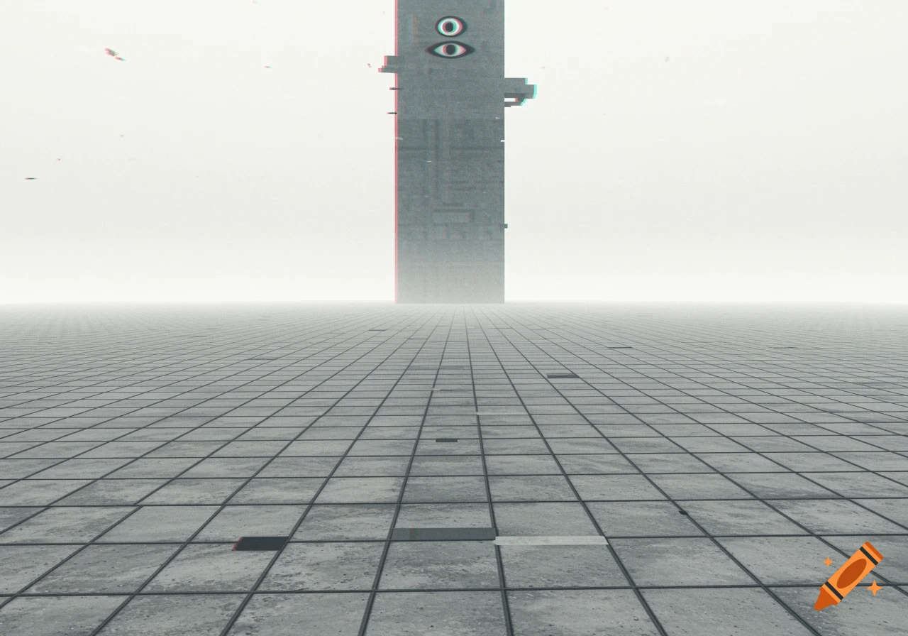 A glitchy, abstract digital landscape with a vast grid floor leading to a tall, gray monolithic tower with two large eyes at the top, under a bright white sky.