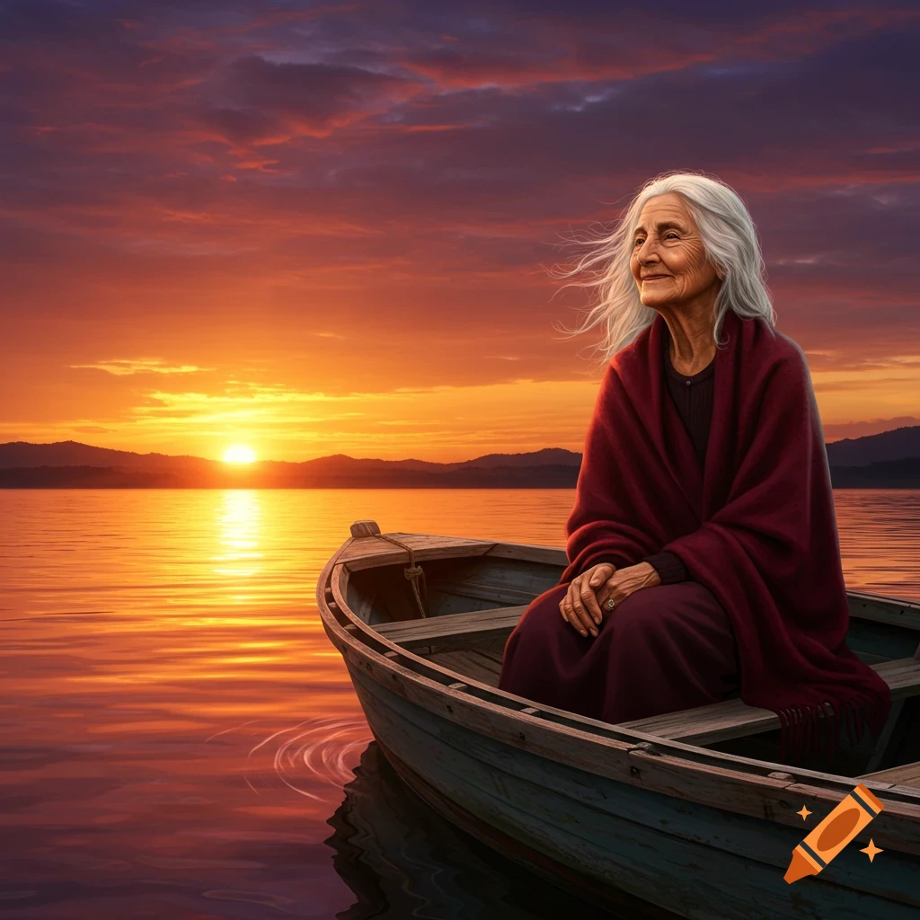 An old woman sits in a wooden boat on a calm lake, looking towards a vibrant sunset over mountains. Photorealistic style.