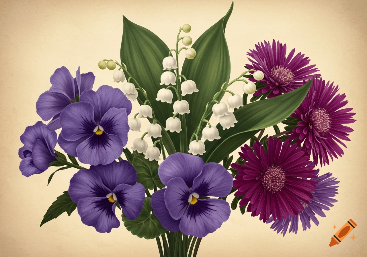 A botanical illustration of a bouquet with purple pansies, white lily of the valley, and purple asters on a beige background.