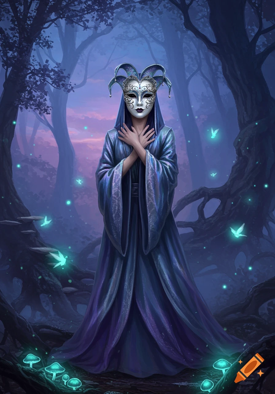 A mysterious figure in a jester-like mask and blue-purple cloak stands in a magical glowing forest.