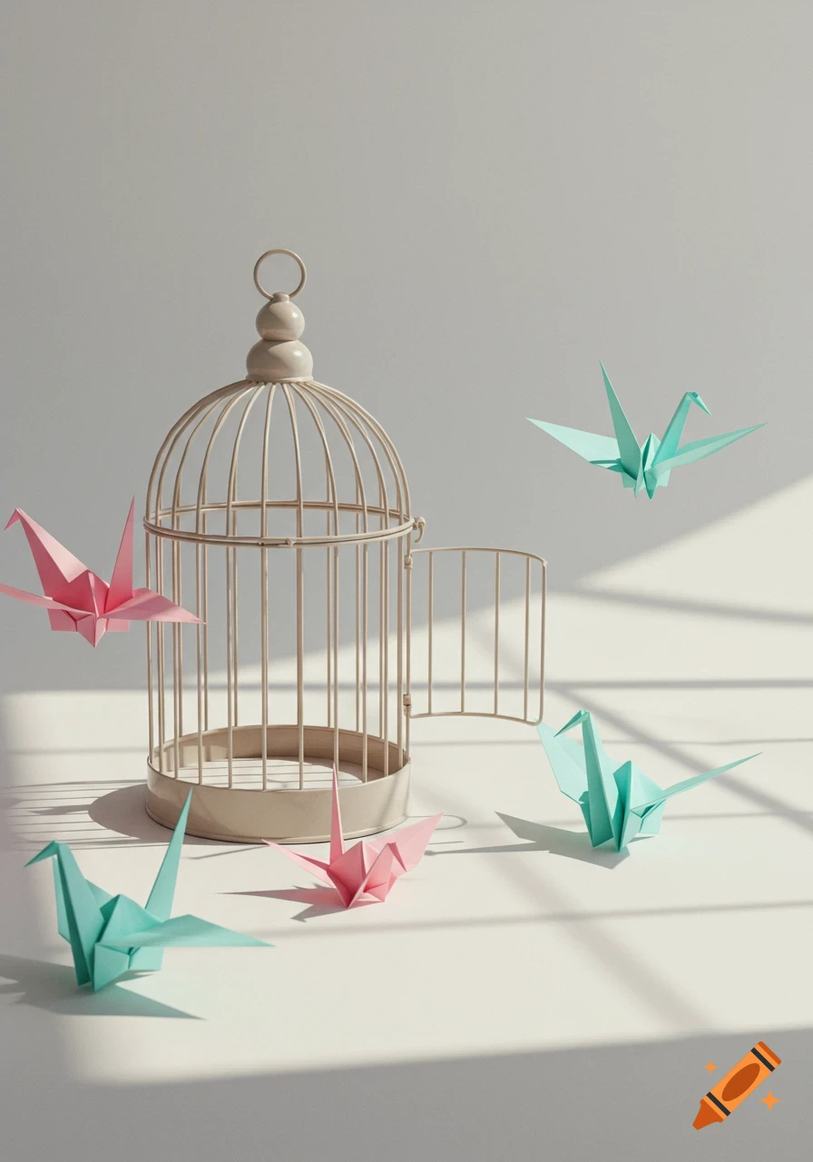 Pink and teal origami birds flying around an open birdcage on a white surface with shadows.