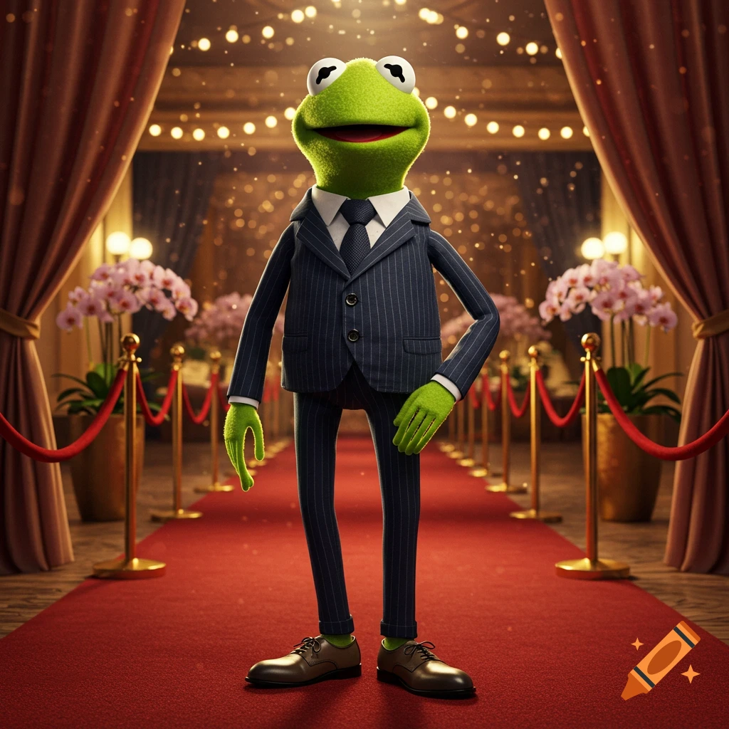 Kermit the Frog in a pinstriped suit stands on a red carpet with gold stanchions and ornate curtains in a photorealistic style.