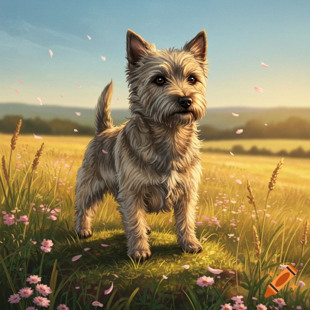 A fluffy light brown dog stands in a field of green grass and pink flowers under a golden sky, with pink petals falling.