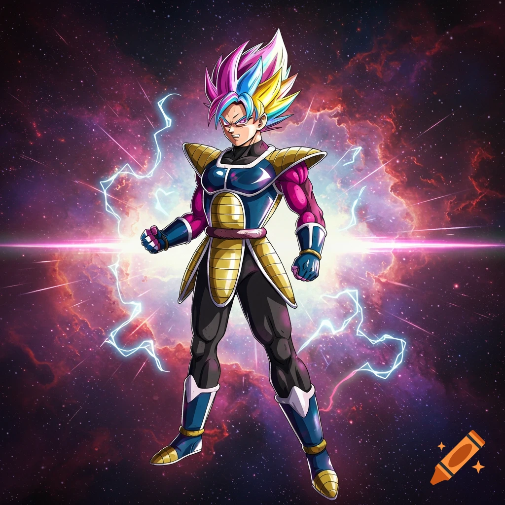 A Dragon Ball Z character with rainbow-colored spiky hair and blue, gold, and magenta armor stands powerfully in a galaxy with pink lightning.