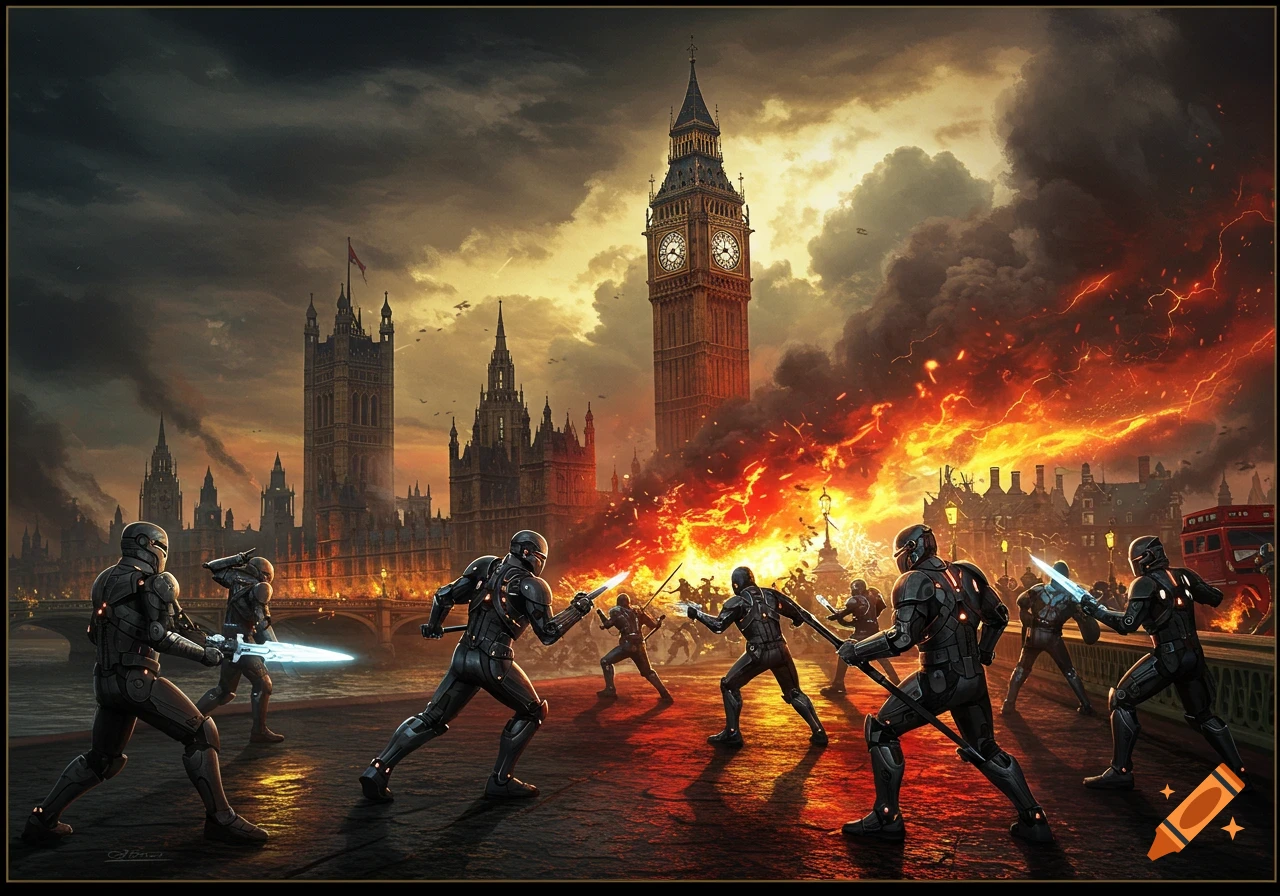 Futuristic soldiers battle in a burning London city, with Big Ben and Parliament visible under a dark, fiery sky.