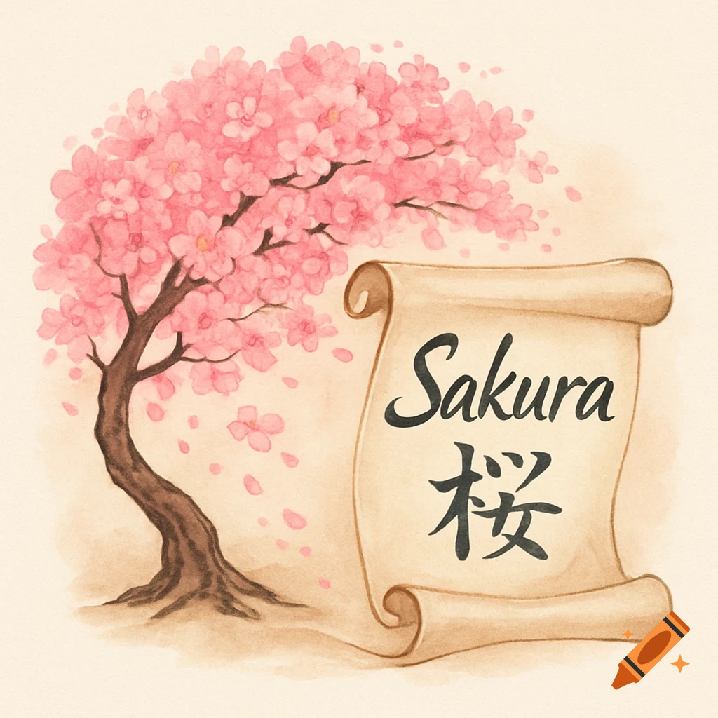 A watercolor illustration of a pink cherry blossom tree with falling petals next to a scroll with 'Sakura' and Japanese characters.