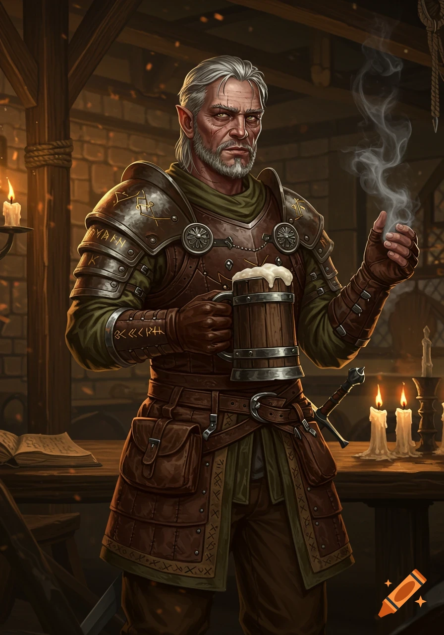 A stern, grey-haired elf-like man in fantasy armor holds a wooden beer mug, with smoke rising from his other hand, in a dimly lit tavern.