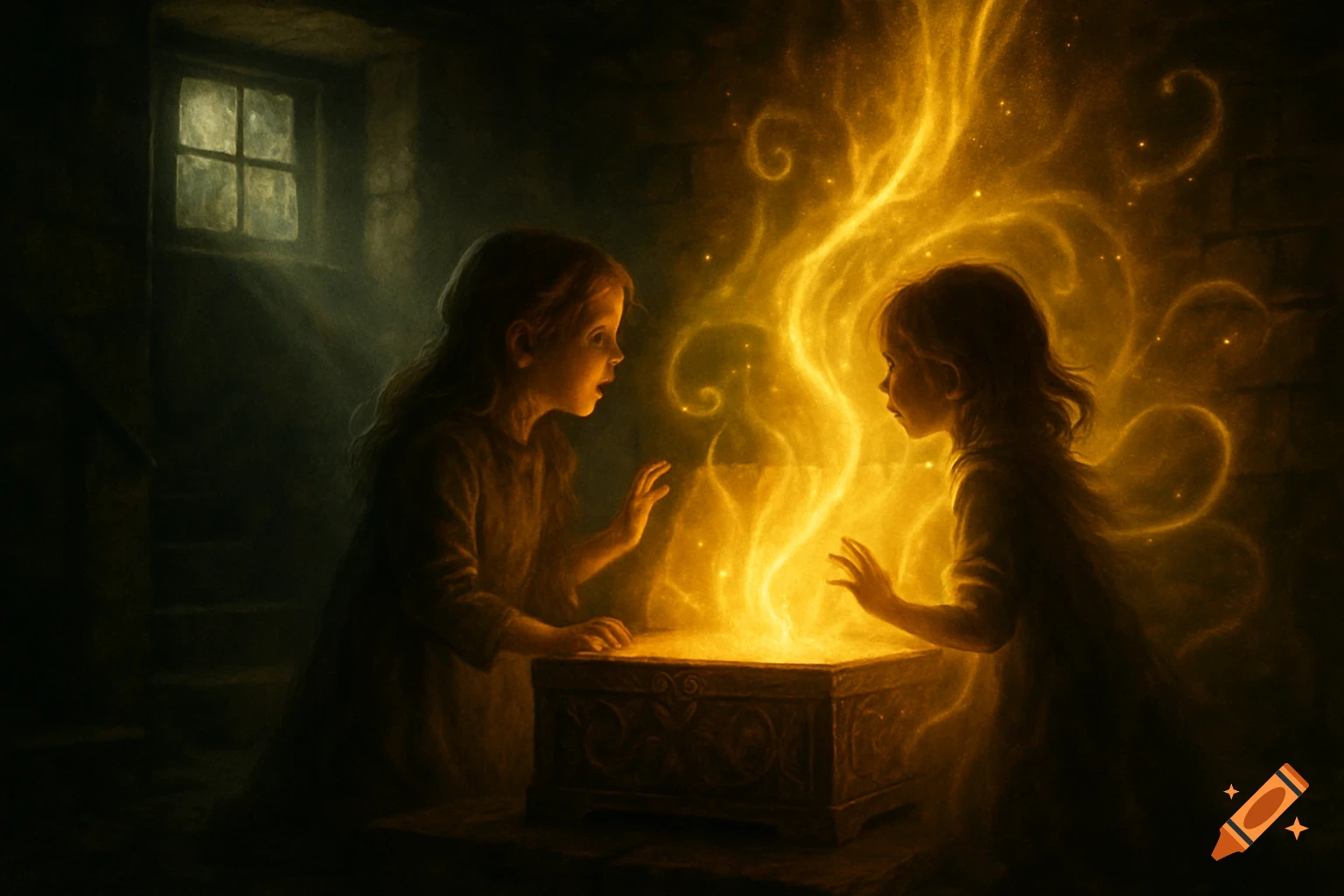 Two children look in awe at a brightly glowing, ornate wooden box in a dark room with light streaming from a window.