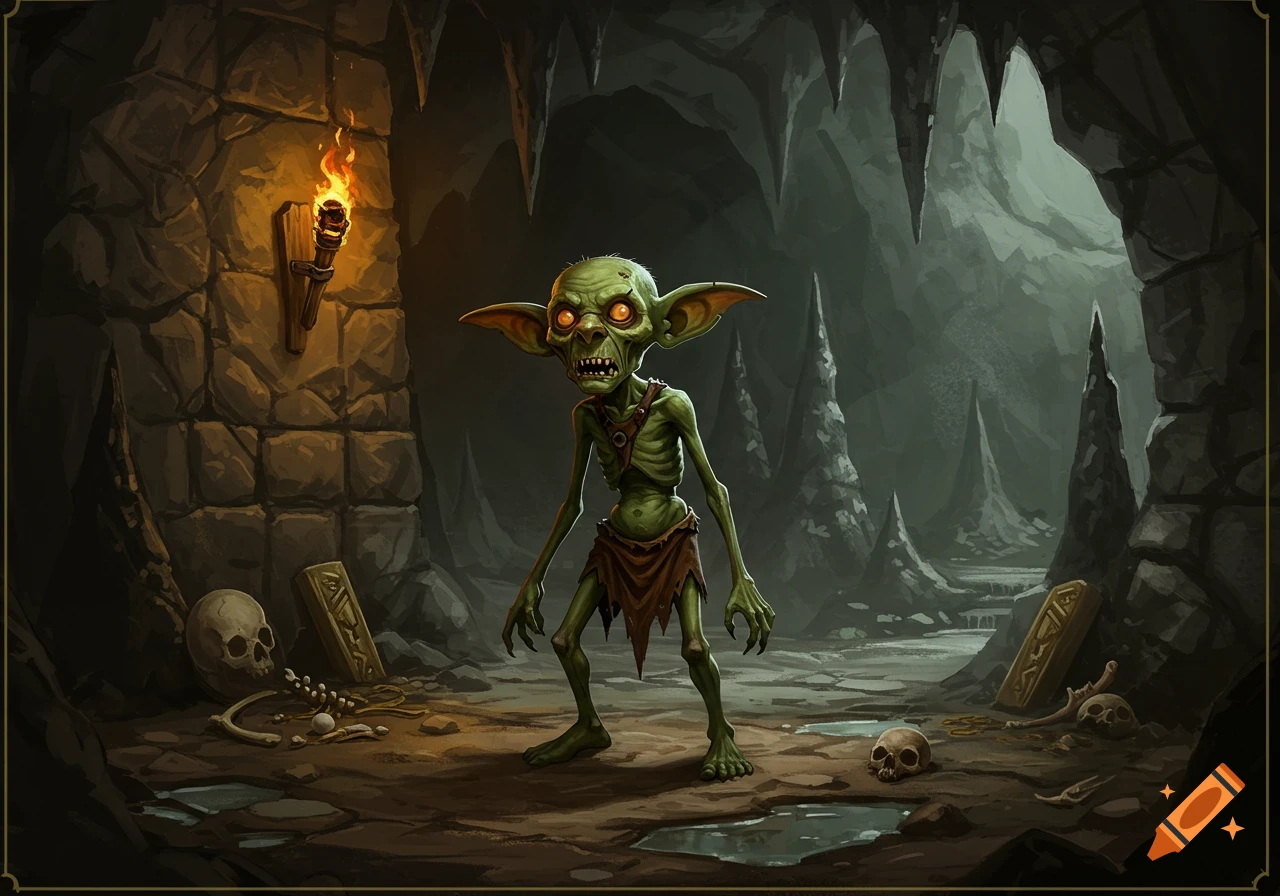 A gaunt, green-skinned goblin with glowing orange eyes stands in a dark, torchlit cave with stalactites and skeletal remains.