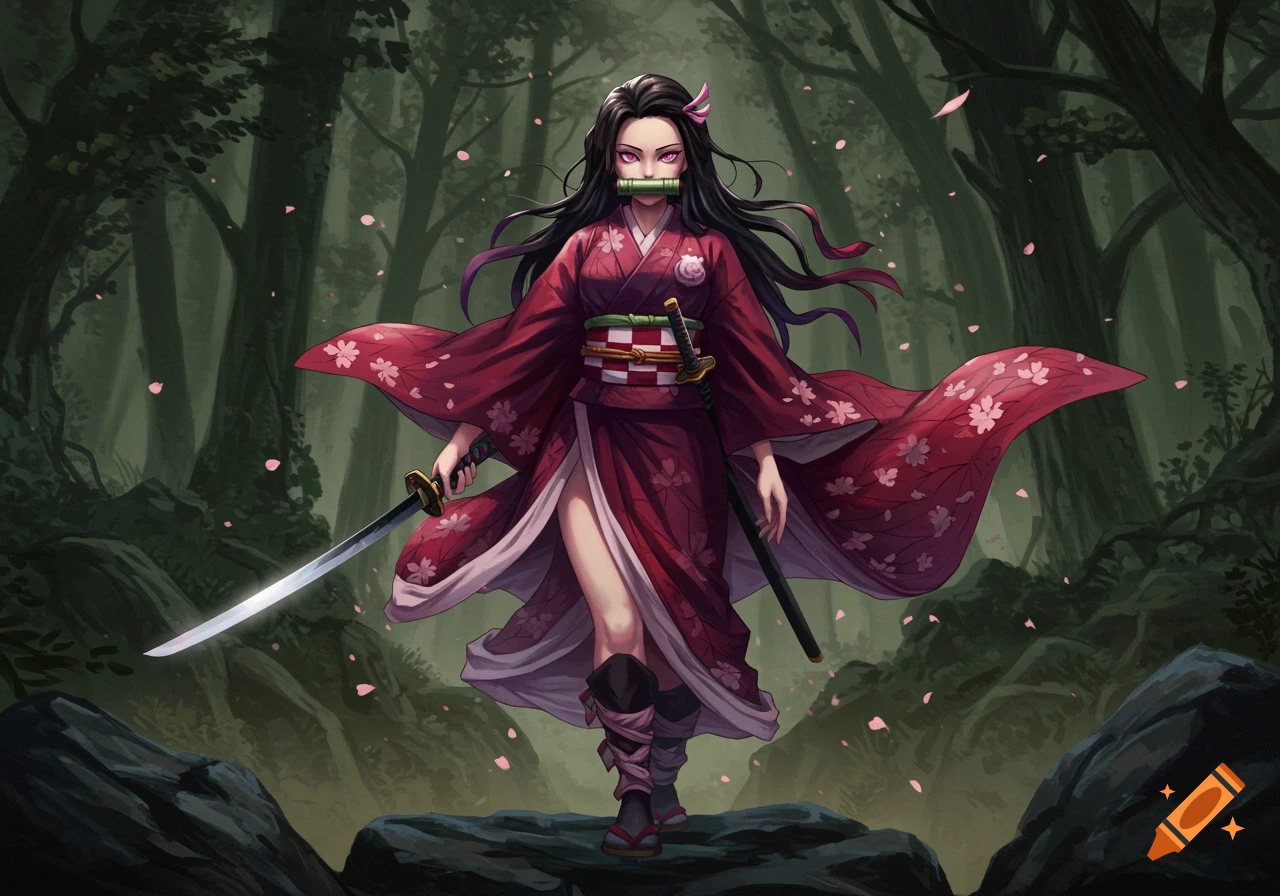 Anime character Nezuko from Demon Slayer in a red kimono with a bamboo muzzle, holding a sword, standing in a dark forest with pink petals.