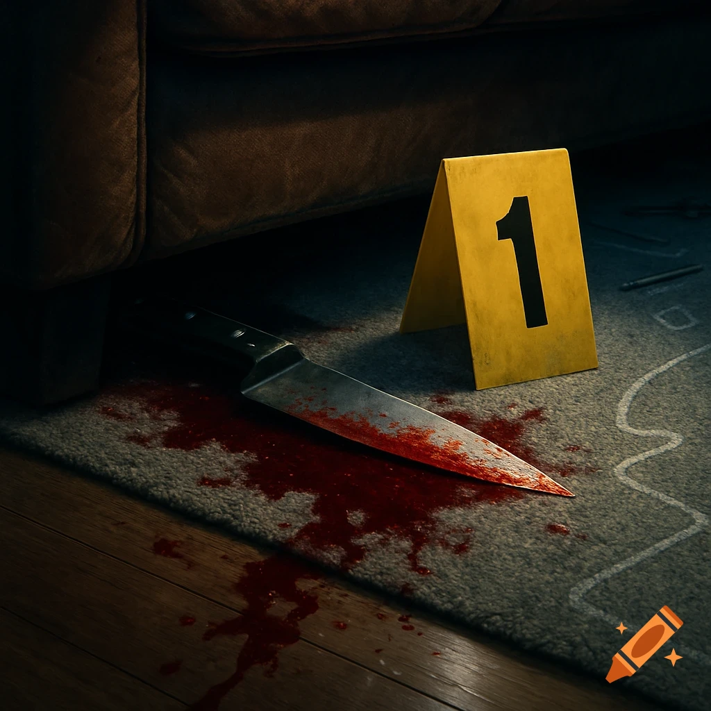 A photorealistic image of a bloody knife on a carpet next to a yellow evidence marker with the number 1, under a couch.