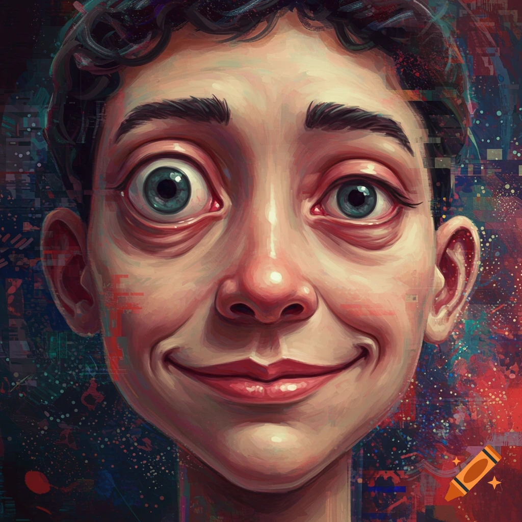 A cartoonish portrait of a young boy with exaggerated, wide eyes and a smile, against a glitchy, abstract background.