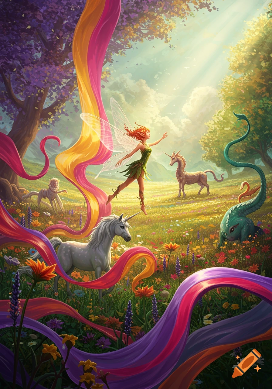 Vibrant illustration of a fairy, two unicorns, and fantastical creatures with colorful ribbons in a lush, sunlit meadow.