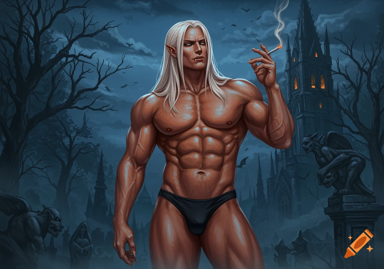 A muscular vampire bodybuilder with long blonde hair and pointy ears stands in a speedo, smoking a cigarette, in front of a gothic castle at night.