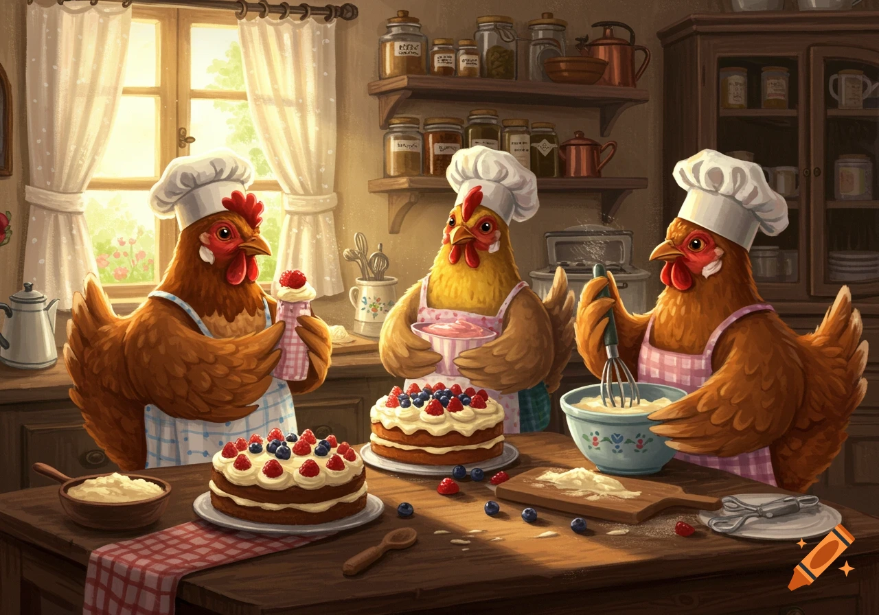 Three anthropomorphic hens wearing chef hats and aprons are baking cakes in a rustic kitchen, surrounded by ingredients.