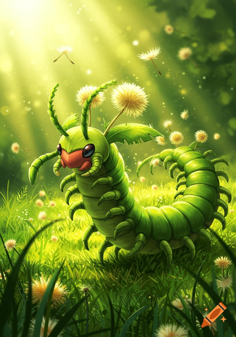 A vibrant green, centipede-like creature with leafy antennae and dandelion tufts on its back, in a sunlit grassy field.