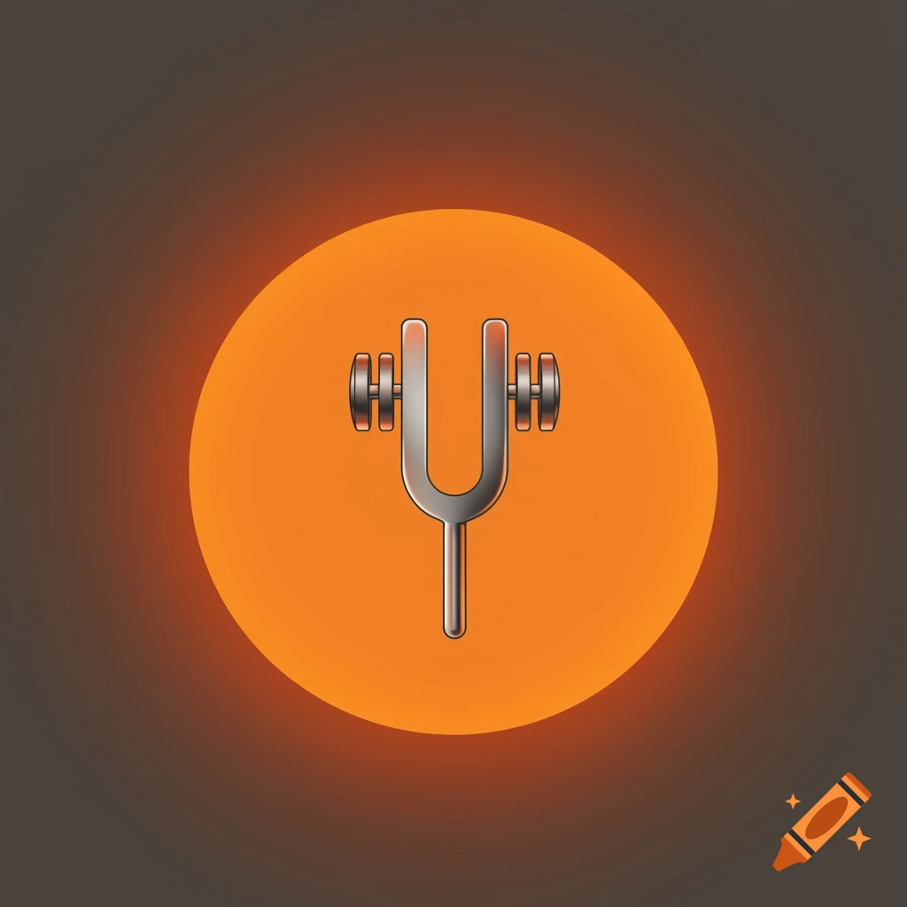 A stylized silver tuning fork with weights on its prongs, set against a large glowing orange circle on a dark gradient background.