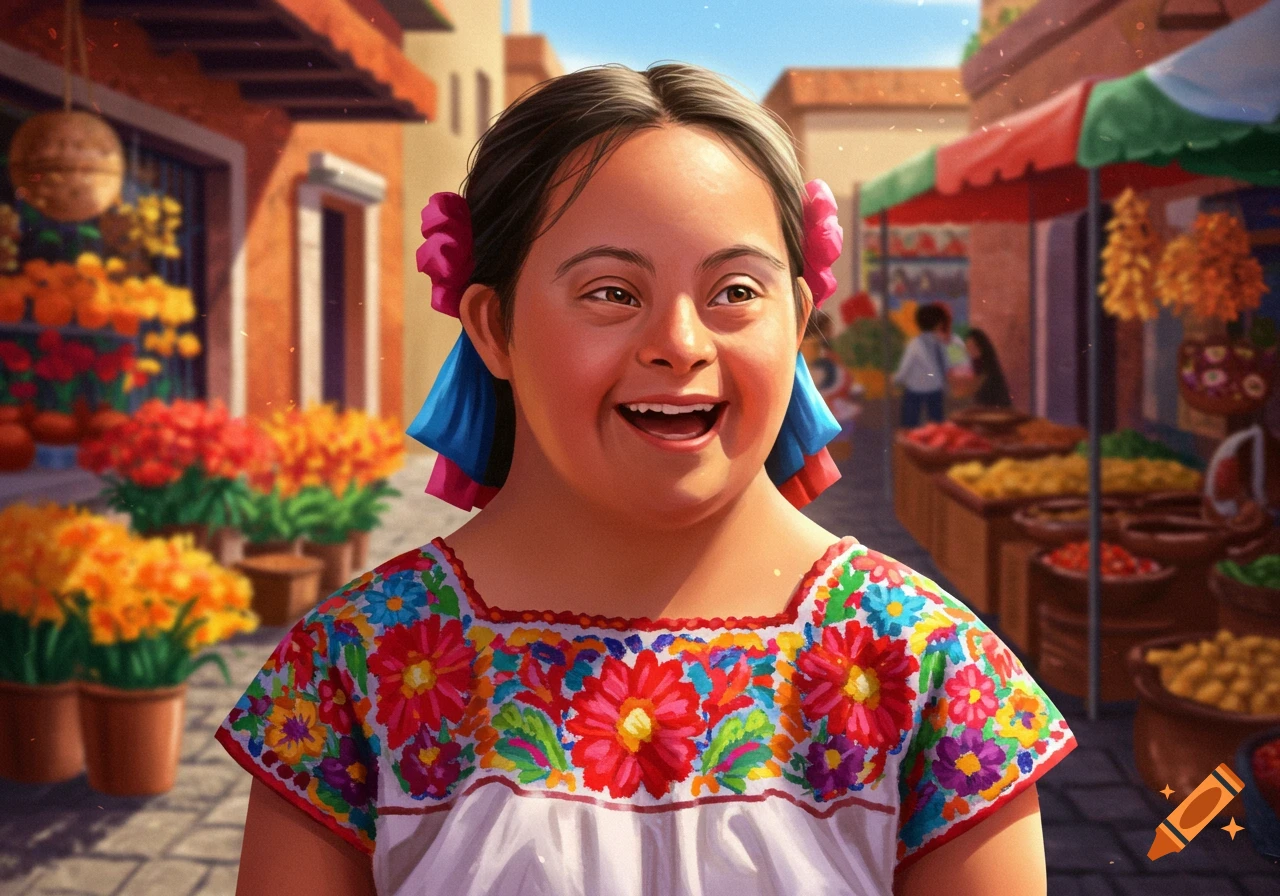 Vibrant illustration of a smiling young person with Down Syndrome in an embroidered blouse and hair ribbons, in a colorful Mexican market.