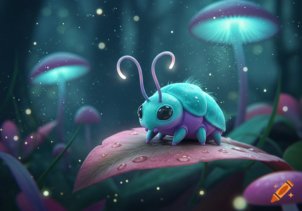 A cute, teal and purple alien-like bug with glowing antennae on a pink leaf with water droplets in a magical forest.