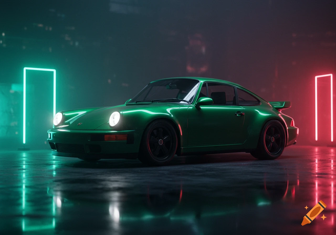 A shiny green Porsche 911 sports car parked in a dark, wet environment illuminated by glowing blue and red neon lights.