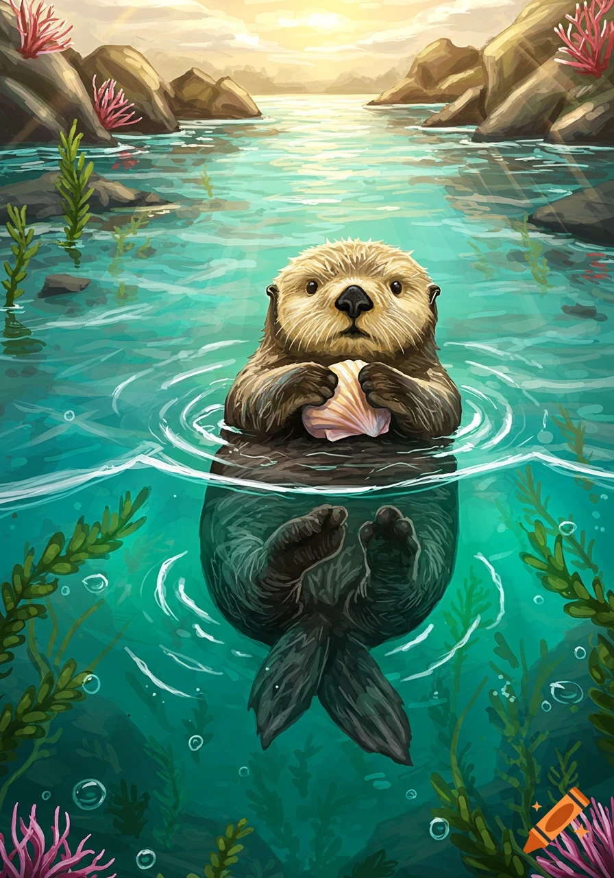 A cute sea otter floats on its back in calm water, holding a seashell against its chest, with green seaweed and rocks around.