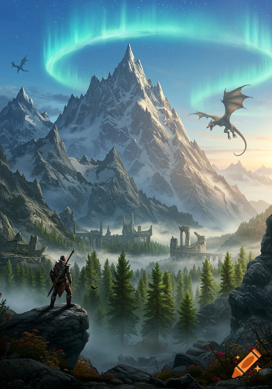 A lone adventurer stands on a rock overlooking a vast, misty mountain valley with ancient ruins, two dragons, and a vibrant aurora in the sky.