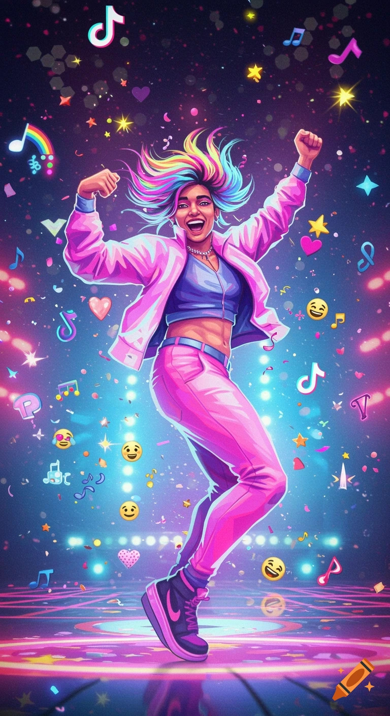 A person with vibrant rainbow hair and a pink outfit dances energetically on a stage surrounded by glowing emojis and music symbols.