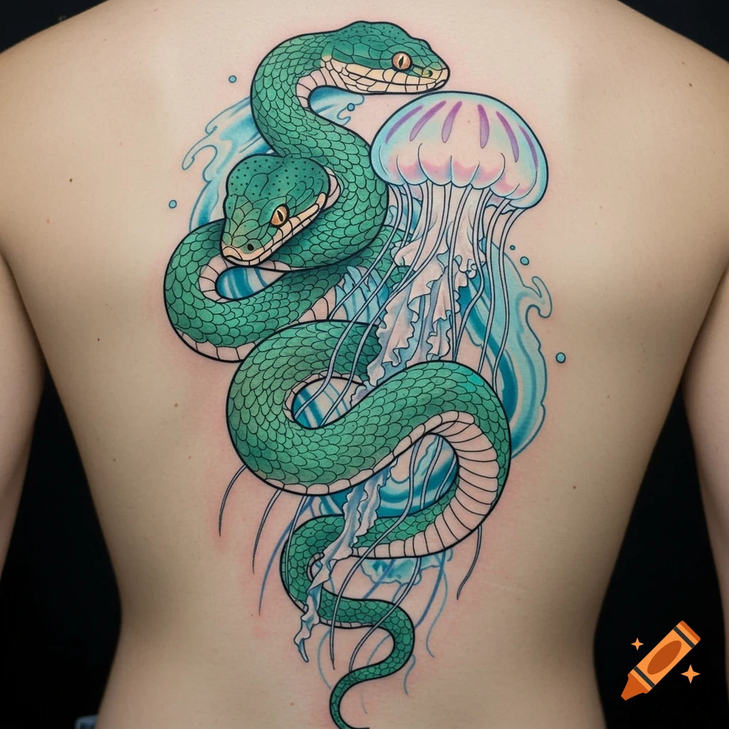 A vibrant tattoo of a green snake wrapped around a pink and blue jellyfish on a person's back.