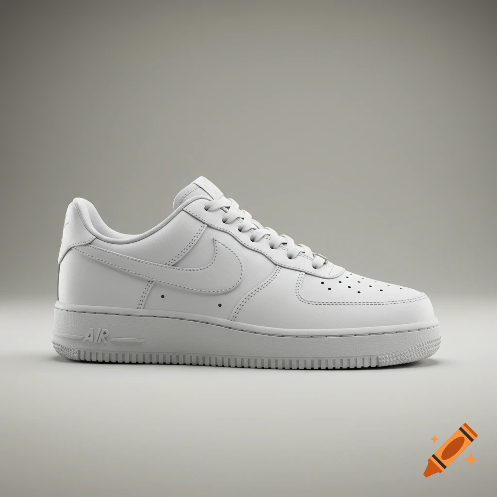 A photorealistic rendering of a white Nike Air Force 1 sneaker on a neutral background.