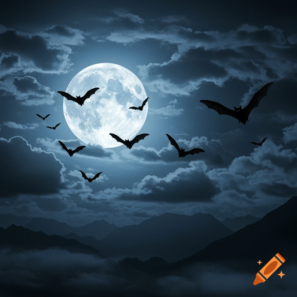 Silhouettes of bats fly across a bright full moon in a cloudy, moonlit night sky over dark mountains.