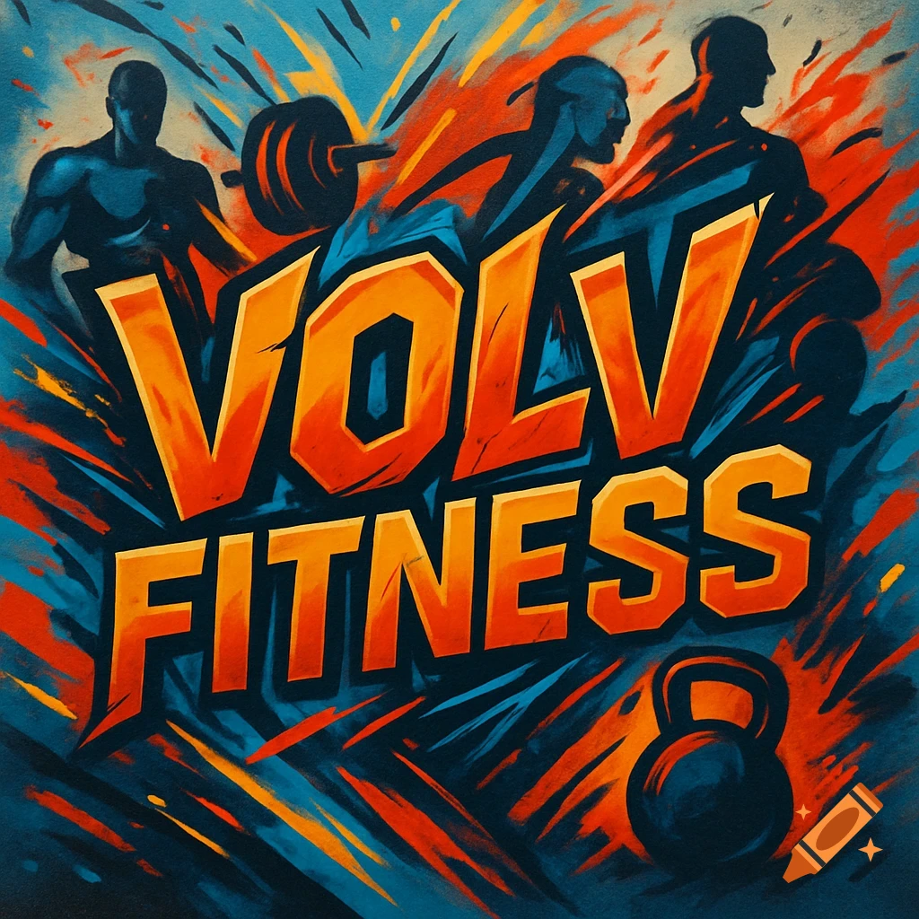 Graffiti-style gym artwork with 'VOLV FITNESS' text, silhouettes of athletes, a barbell, and a kettlebell.