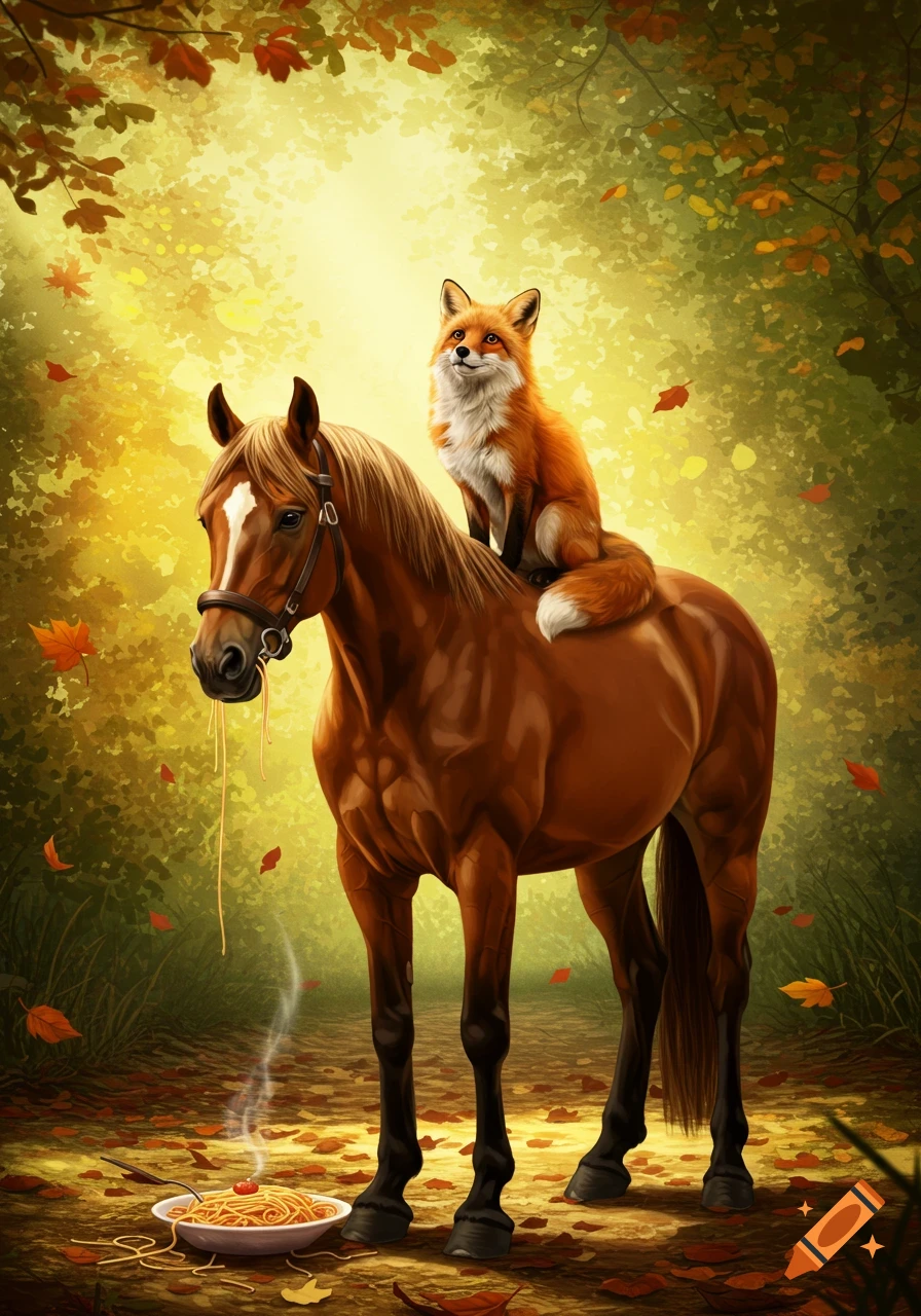 A red fox sits on the back of a brown horse in a sun-dappled autumn forest. A bowl of steaming spaghetti is on the ground.