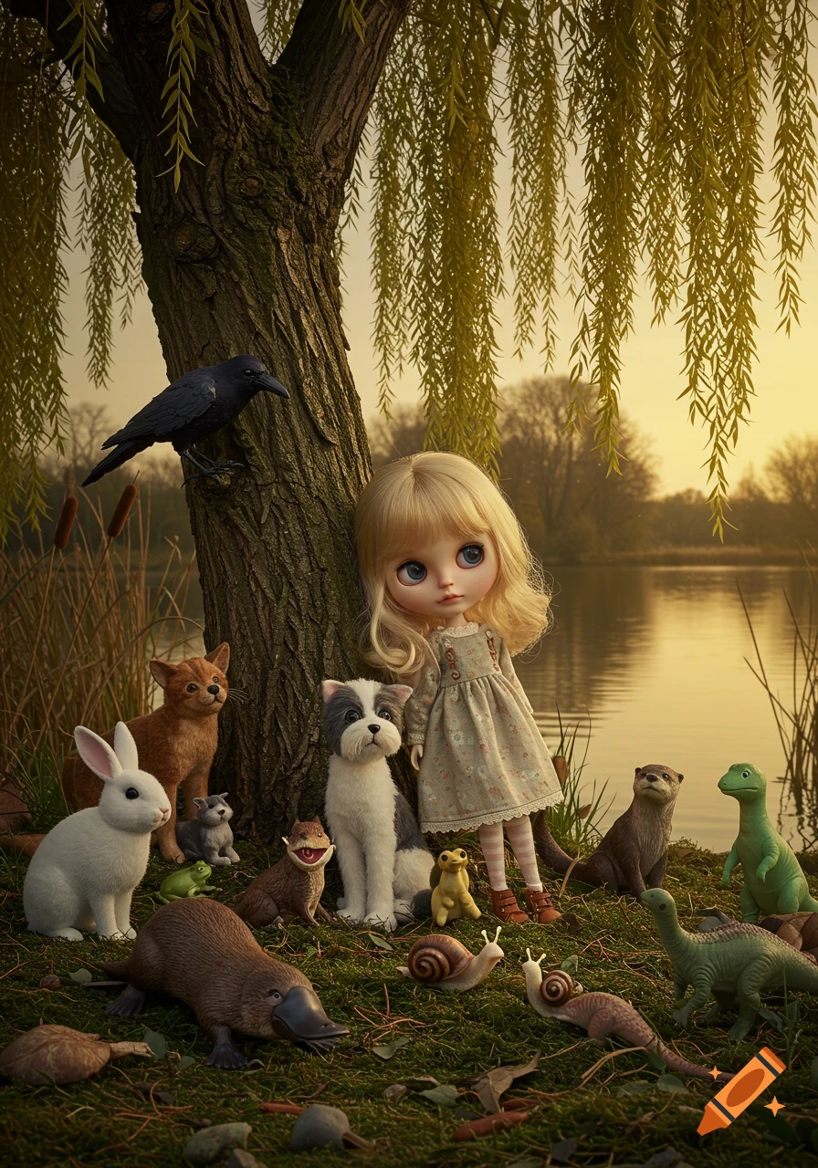 A blonde doll leans on a weeping willow tree by a lake, surrounded by various animals including a rabbit, crow, and platypus.
