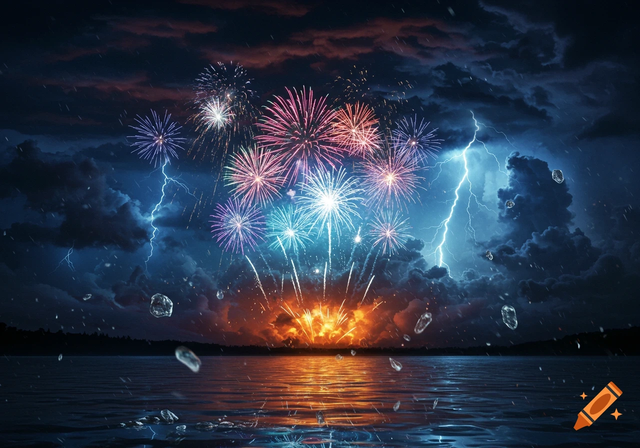 Colorful fireworks explode over a dark lake during a lightning storm with hail. Photorealistic.