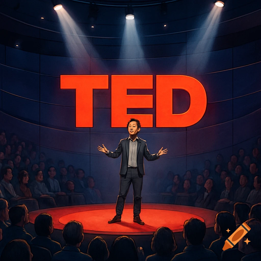 A person stands on a red stage, gesturing to an unseen audience, with a large red "TED" logo glowing in the dark background.