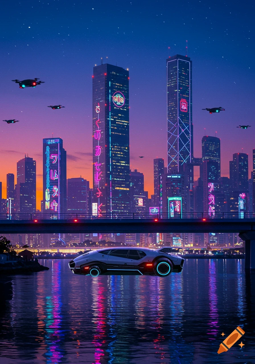 A futuristic city at twilight with towering skyscrapers adorned in neon lights, a hovercar floating over water, and drones flying in the starry sky.