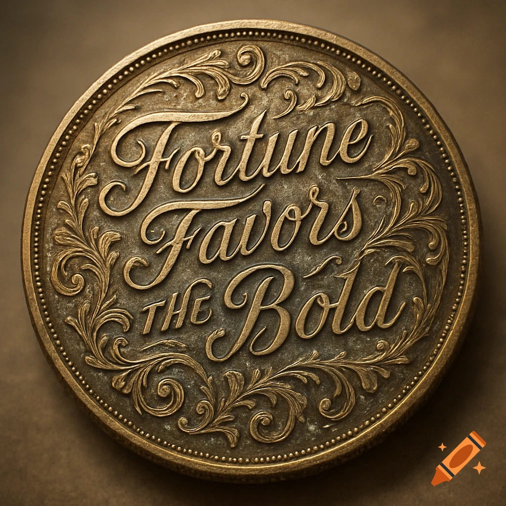 Detailed antique brass coin with ornate raised lettering that reads 'Fortune Favors The Bold', surrounded by decorative scrolls.