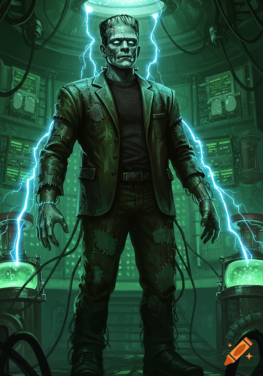 Frankenstein's monster stands in a green-lit laboratory with blue electricity sparking around him.