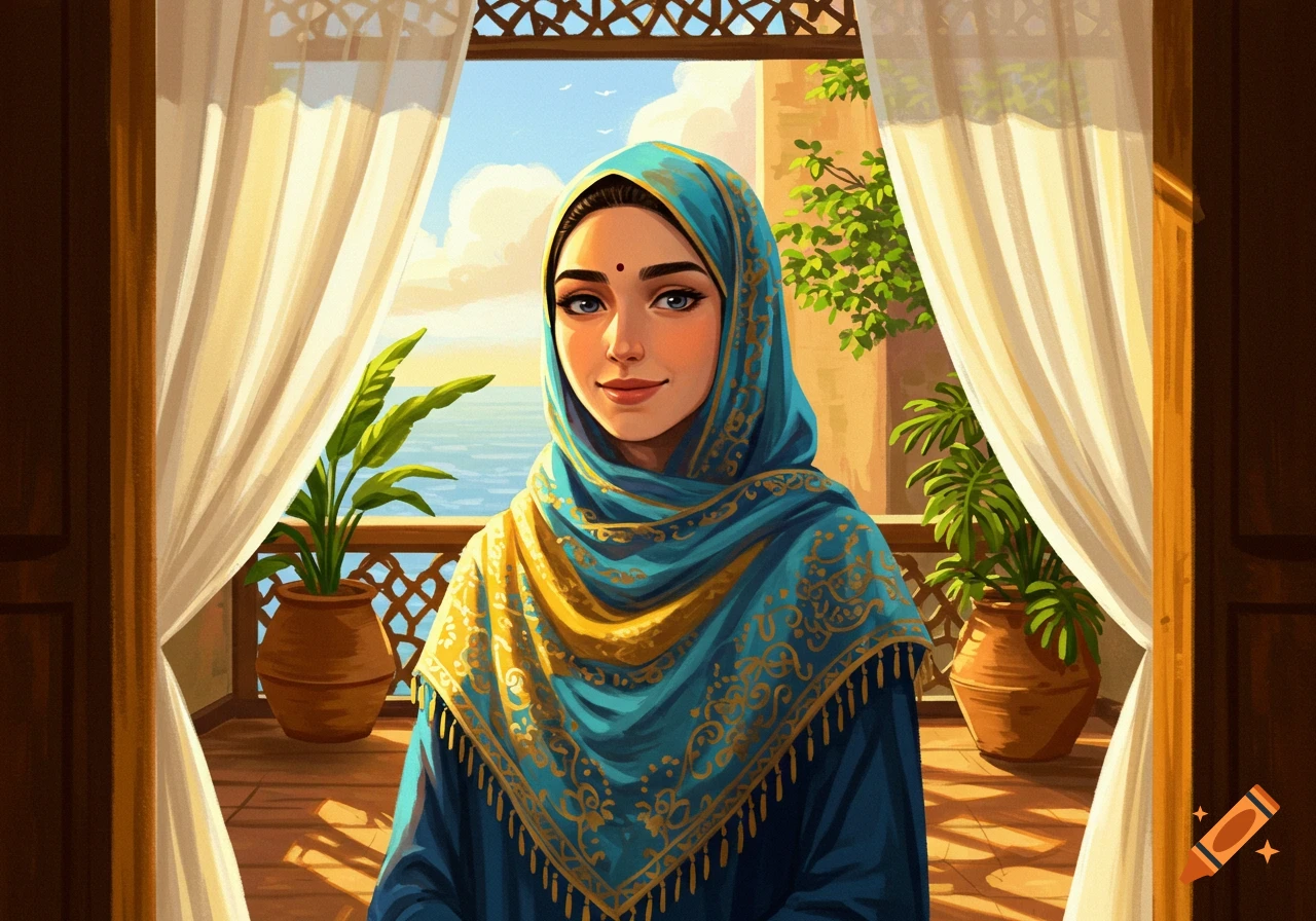 Digital illustration of a smiling young woman in a blue and gold hijab on a balcony overlooking the ocean.