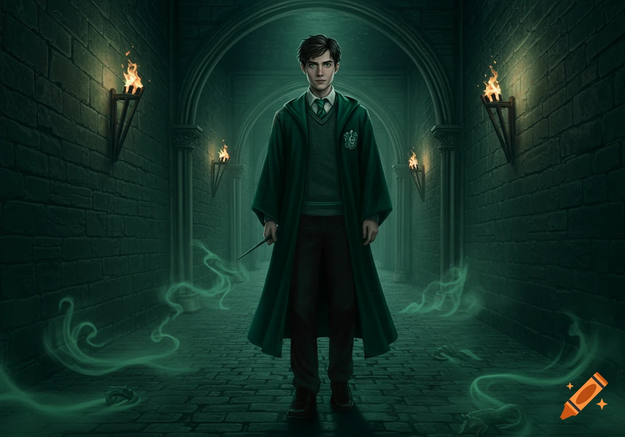 A young man in green robes holds a wand in a dark, torch-lit stone corridor with green smoke on the floor.