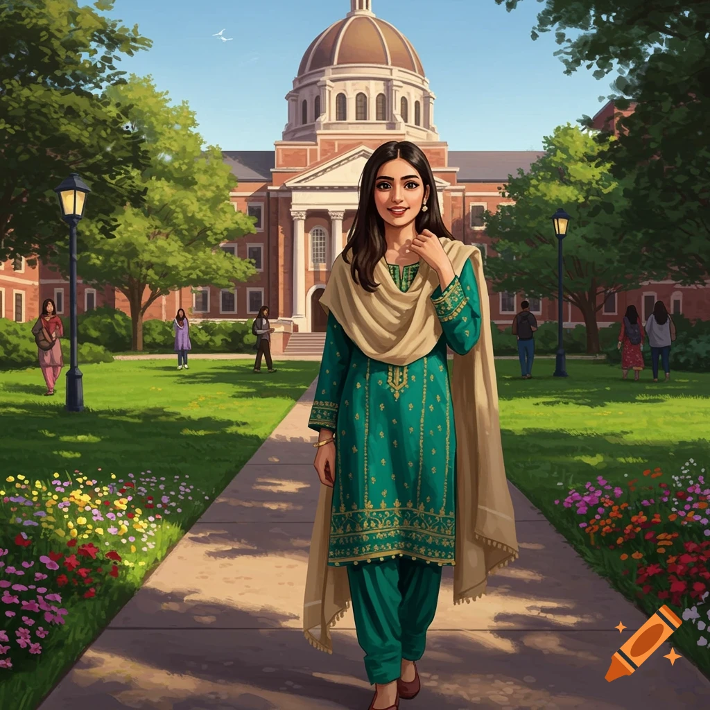 A female college student in a traditional green dress and tan shawl walks on a sunny university campus path with a large building in the background.