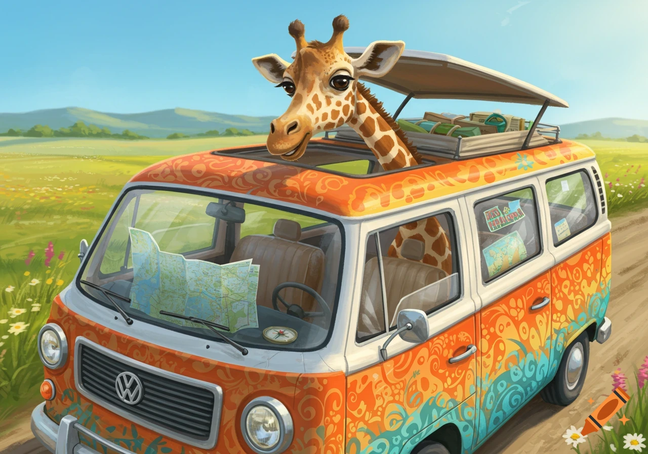 A happy cartoon giraffe peeks out of the open roof of a colorful, patterned camper van driving through a green field with wildflowers.