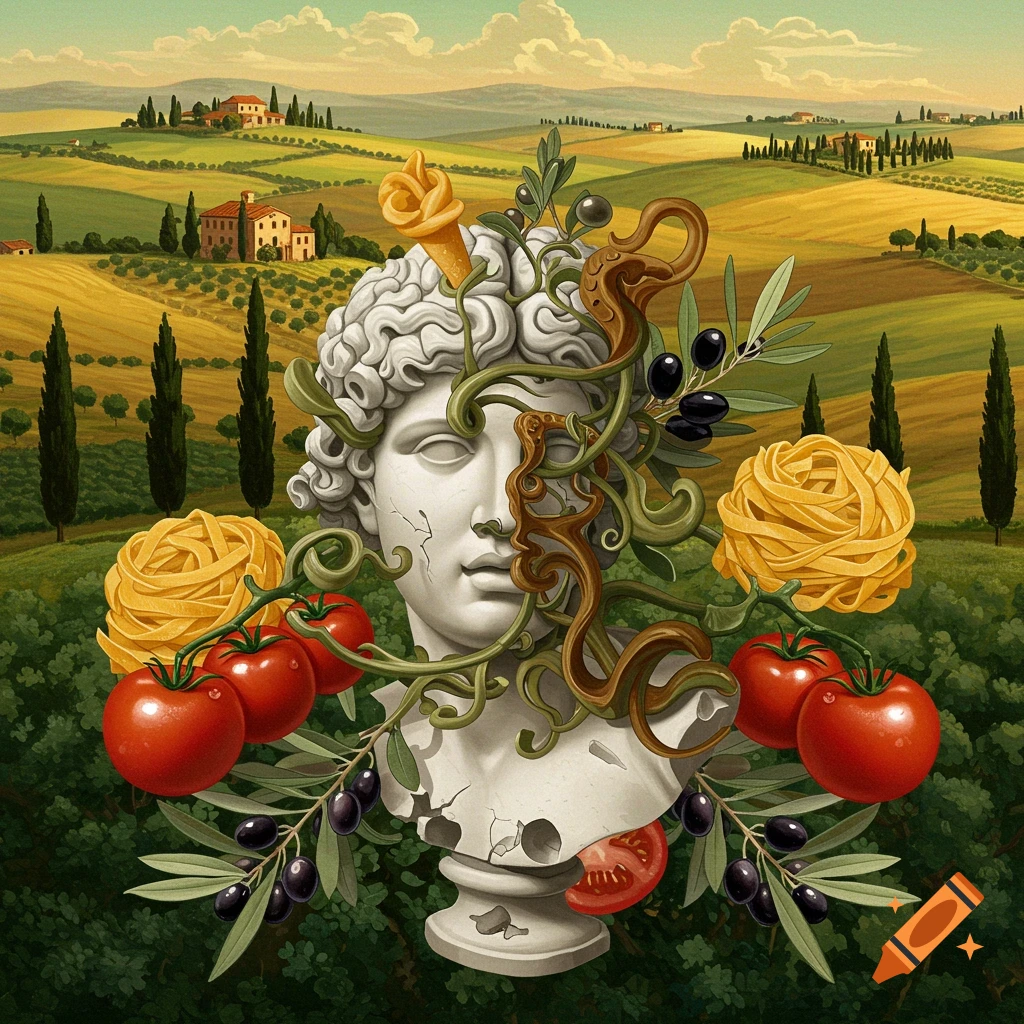 A classical marble bust intertwined with olive branches, olives, tomatoes, and pasta against a vibrant Italian countryside.