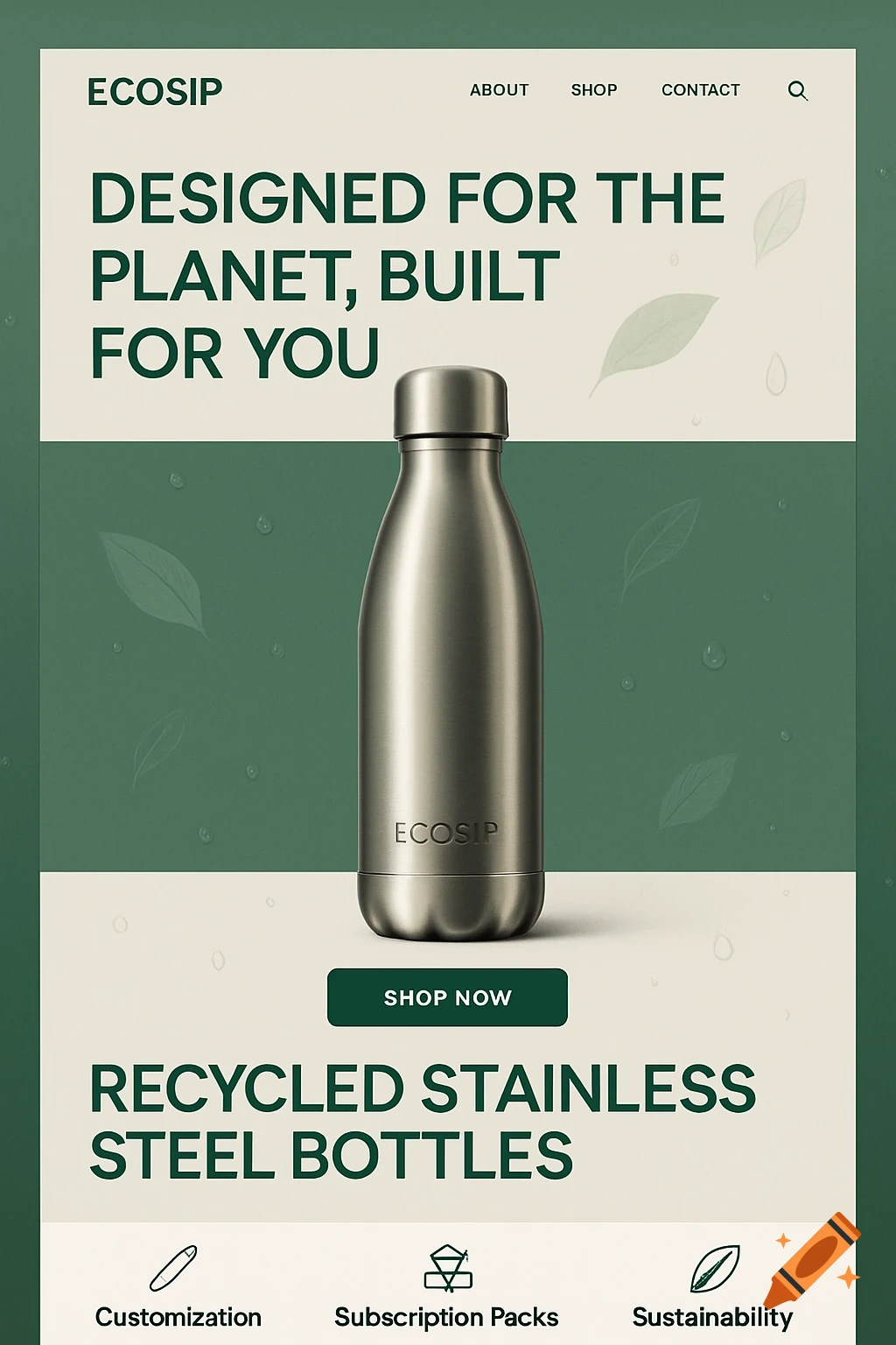 A clean, modern website concept for EcoSip, featuring a silver reusable water bottle. Text reads 'Designed for the Planet, Built for You' and 'Recycled Stainless Steel Bottles'.