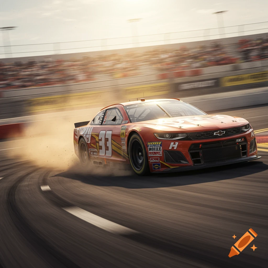 A red and yellow stock car with the number 33 drifts on a race track, kicking up dust at sunset, photorealistic style.
