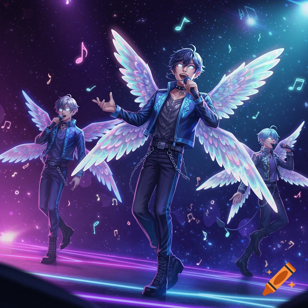 Three anime-style male figures with large iridescent wings sing into microphones on a neon-lit stage against a cosmic background with musical notes.