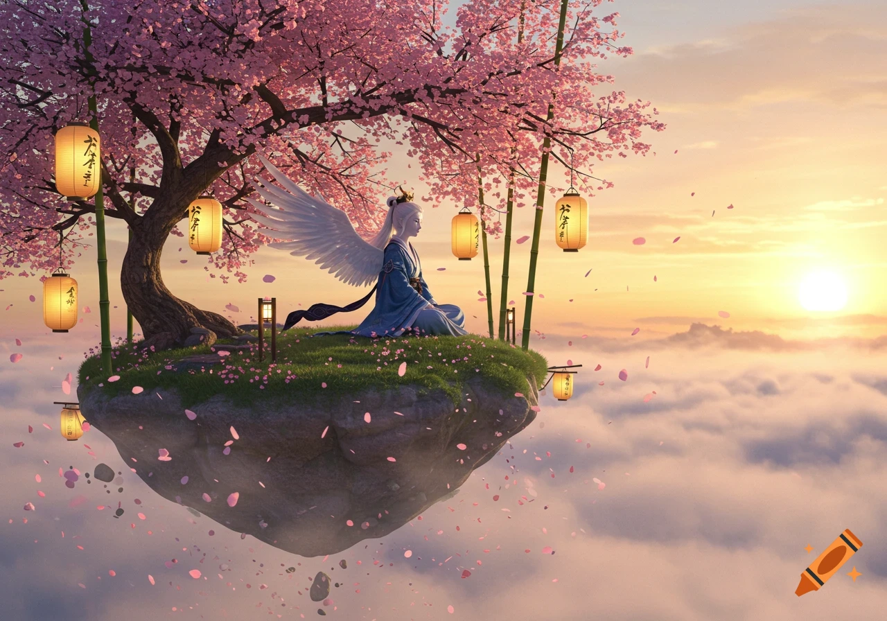 An ethereal angelic figure meditates on a floating island with a pink cherry blossom tree and lanterns, above a sea of clouds at sunset.