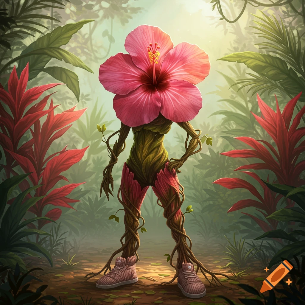 A humanoid creature with a pink hibiscus flower head, vine body, and root legs with pink sneakers stands in a lush, misty jungle.