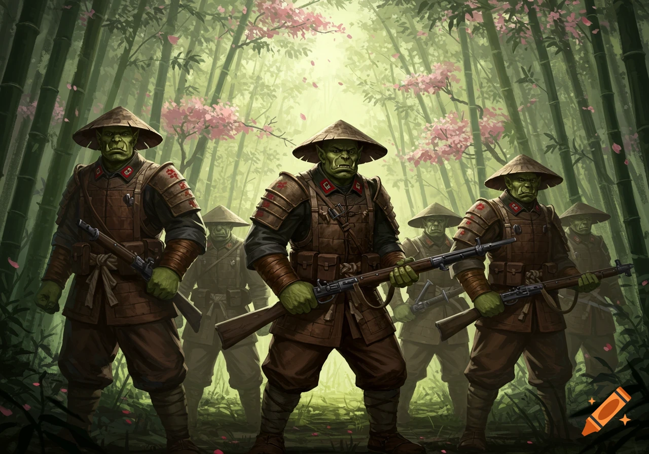 Five orcs in Japanese-style military uniforms stand with rifles in a bamboo forest with pink cherry blossoms.